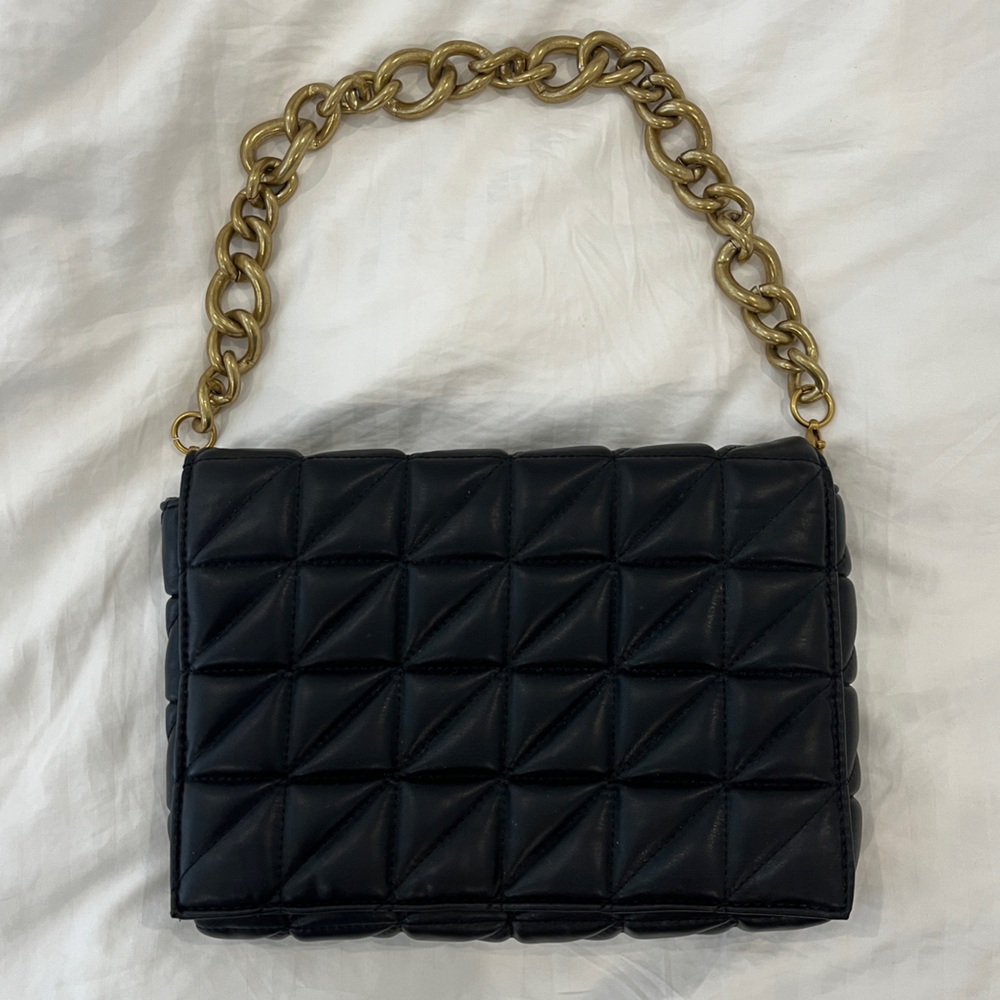 Zara Quilted Black faux leather Shoulder Bag Clutch Gold Brass Chain Like New